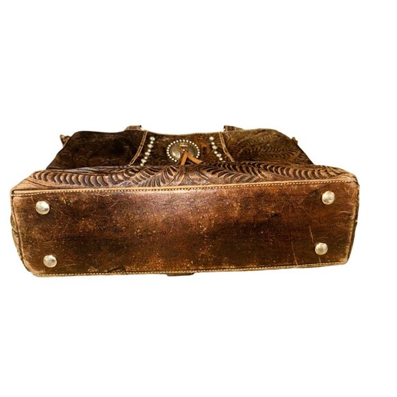 American West Tooled Embossed Brown Leather Bag Concho Accents Fringe Western - Picture 7 of 10